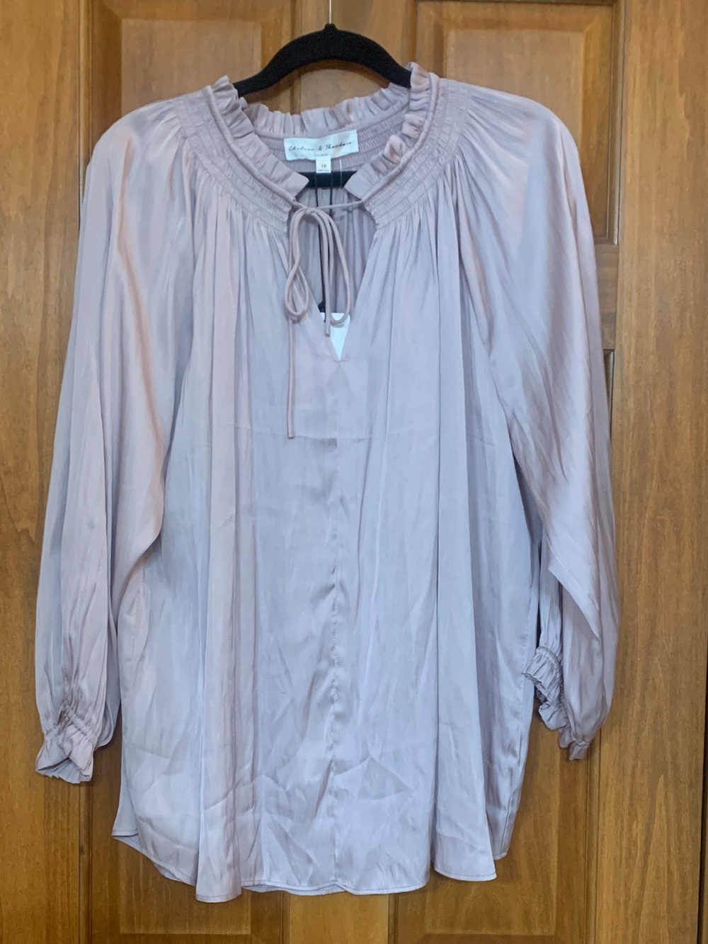 Chelsea & Theodore Peasant Blouse Coquette Smocked Tie Neck